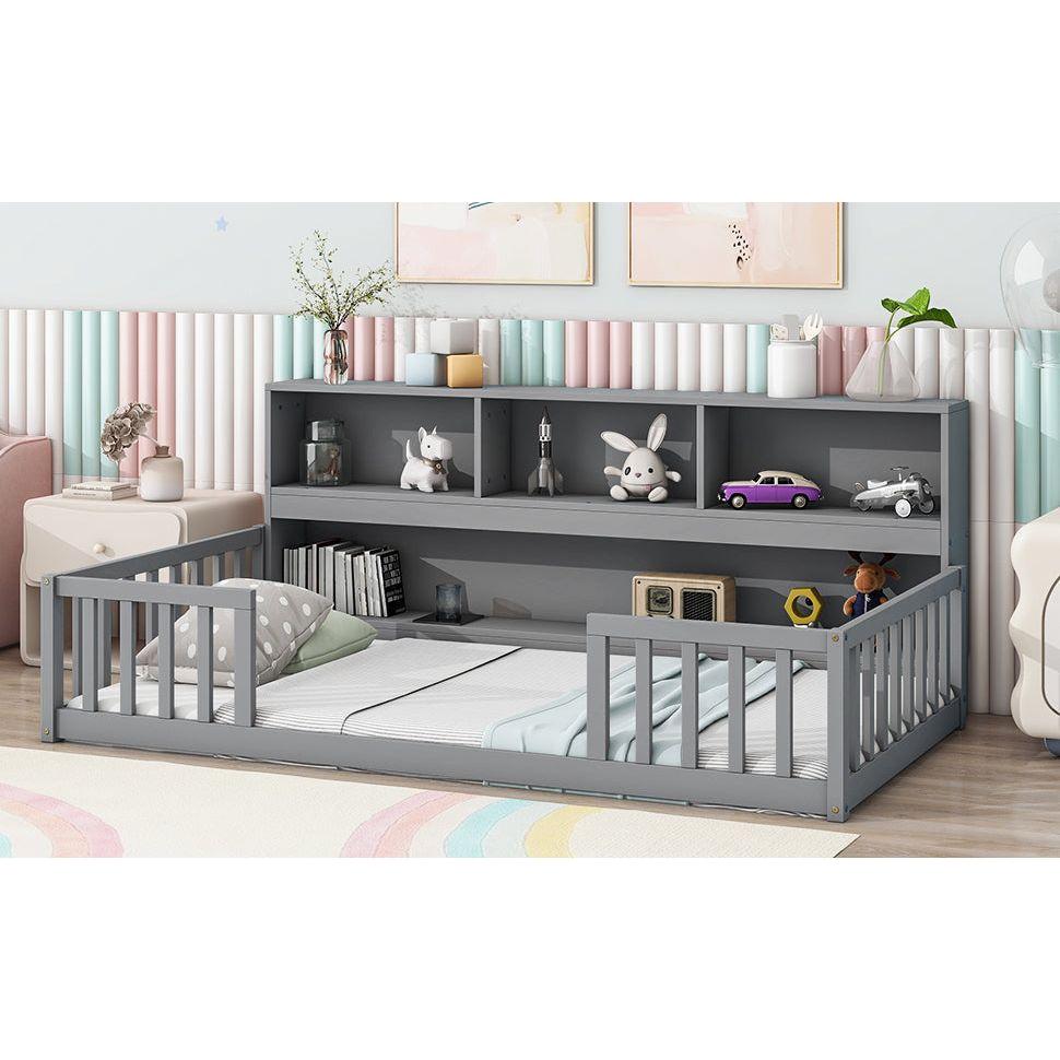 Twin Floor Bed with Bedside Bookcase,Shelves,Guardrails,Grey