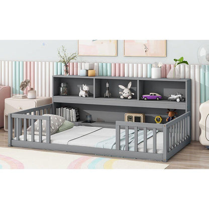 Twin Floor Bed with Bedside Bookcase,Shelves,Guardrails,Grey