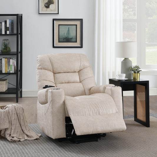 Nairi Power Recliner w/Lift, Heating & Massage, Light Gray Leather Aire