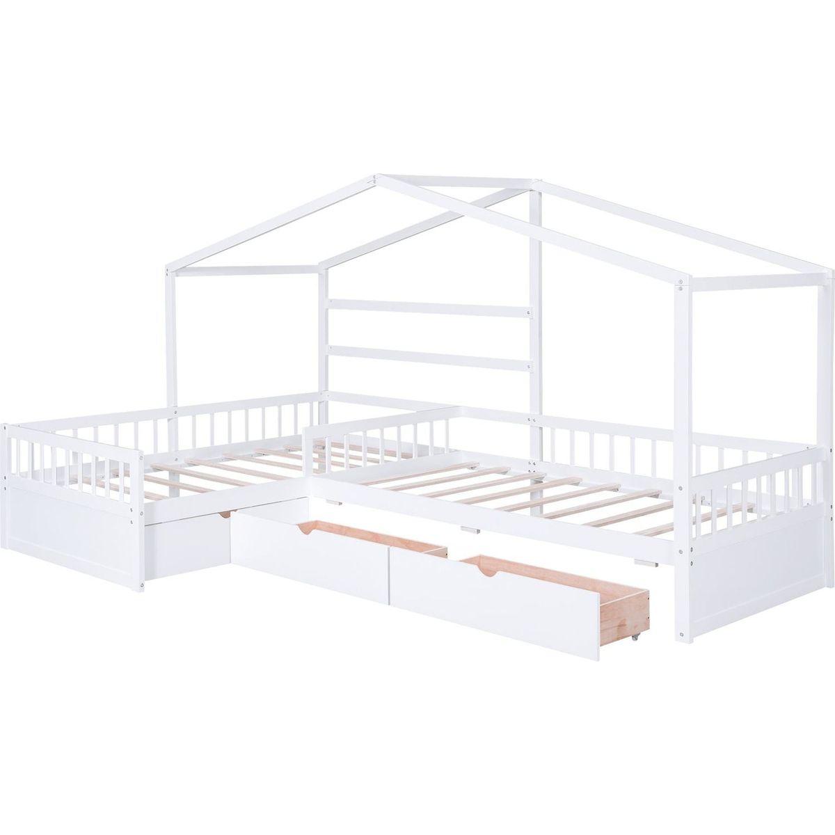 Twin Size House Platform Bed with Three Storage Drawers,White