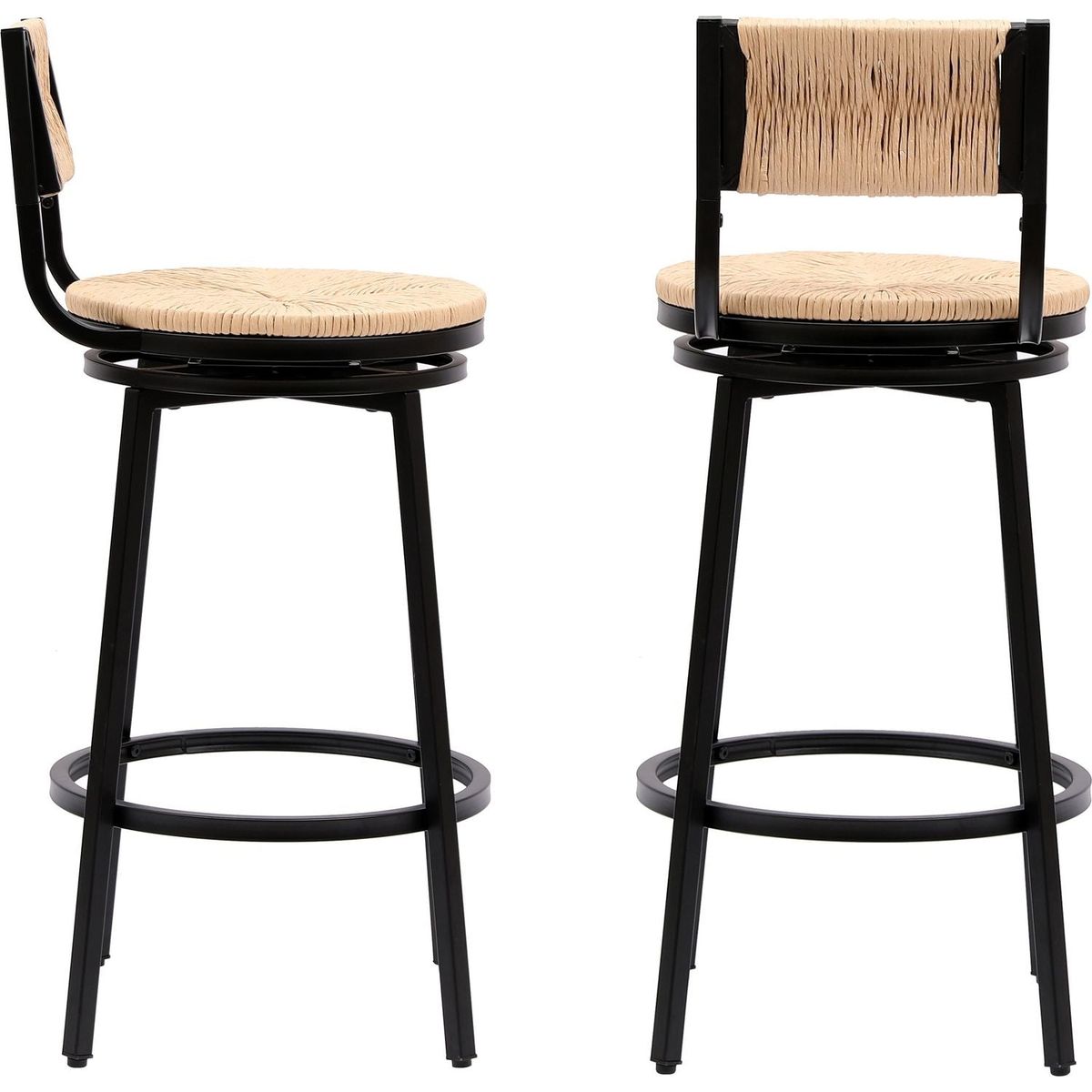 Honey Swivel Bar Stools Paper Rope Handwoven Barstools with Back Set of 2 Rustic Round Counter Chairs for Dining Room, Kitchen Island (Honey)