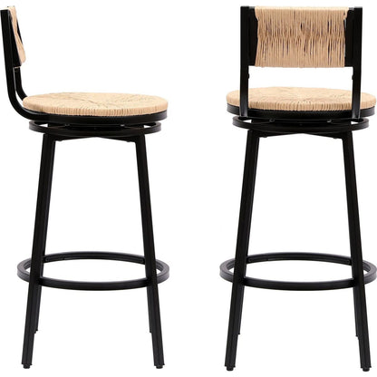 Honey Swivel Bar Stools Paper Rope Handwoven Barstools with Back Set of 2 Rustic Round Counter Chairs for Dining Room, Kitchen Island (Honey)