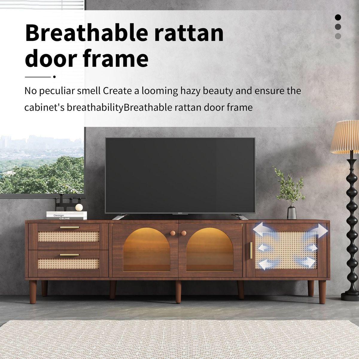 Rattan TV Stand with 3 Cabinets & 2 Drawers, Rattan-inspired Media Console Table for TVs up to 80", LED Light Entertainment Center, TV cabinet for Living room, Bedroom, Home Theatre - Streamdale Furniture