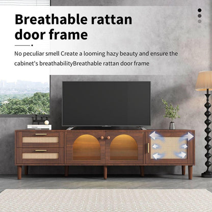 Rattan TV Stand with 3 Cabinets & 2 Drawers, Rattan-inspired Media Console Table for TVs up to 80", LED Light Entertainment Center, TV cabinet for Living room, Bedroom, Home Theatre - Streamdale Furniture