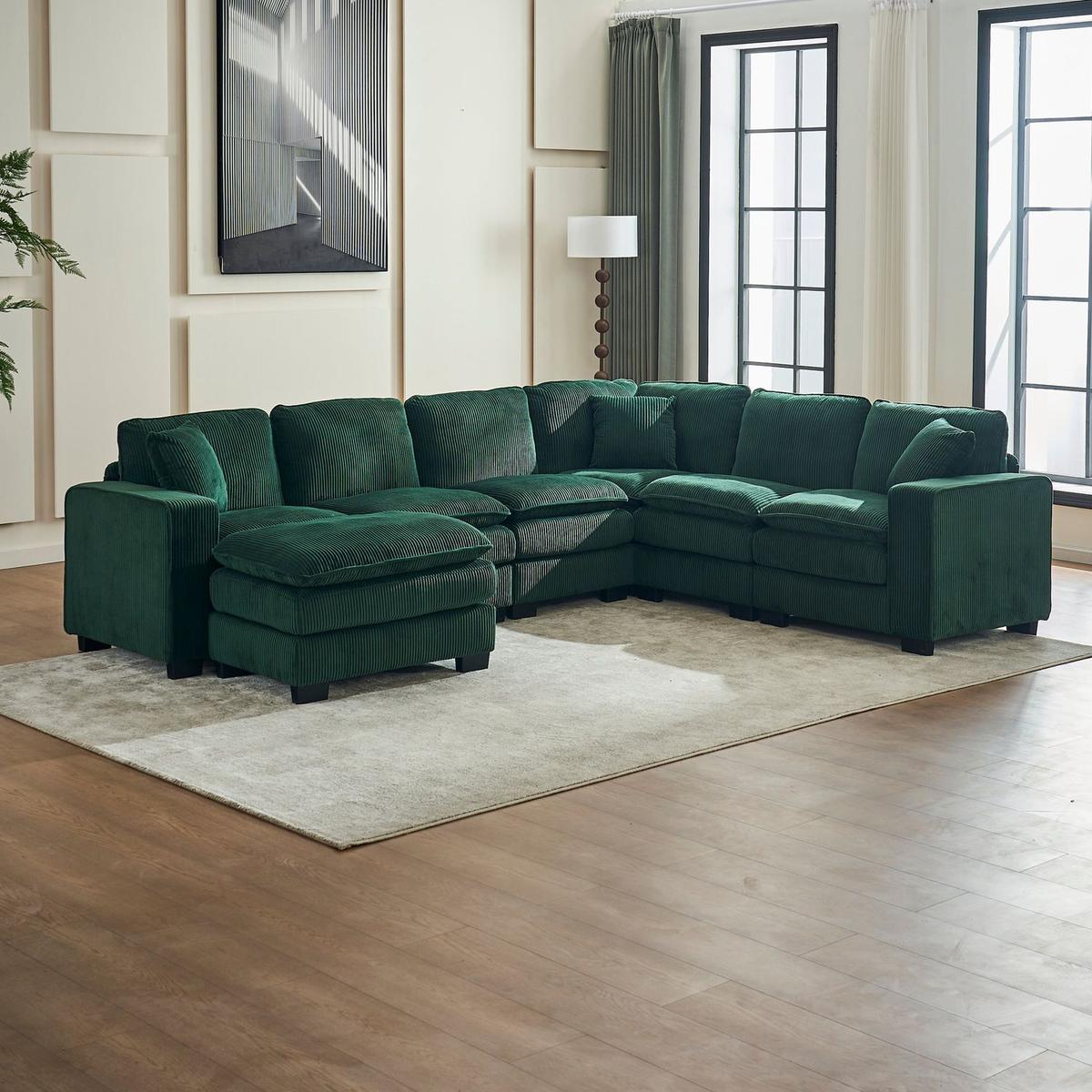 Modern U Shaped 6-seat Sectional Sofa Couch with one Ottoman and three toss pillows, Modular Sofa for Living Room,Corduroy sofa