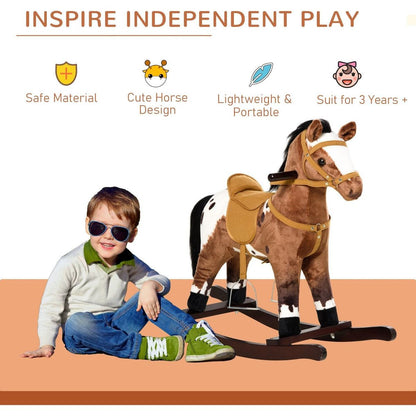 Qaba Kids Metal Plush Ride-On Rocking Horse Chair Toy With Realistic Sounds - Dark Brown/White