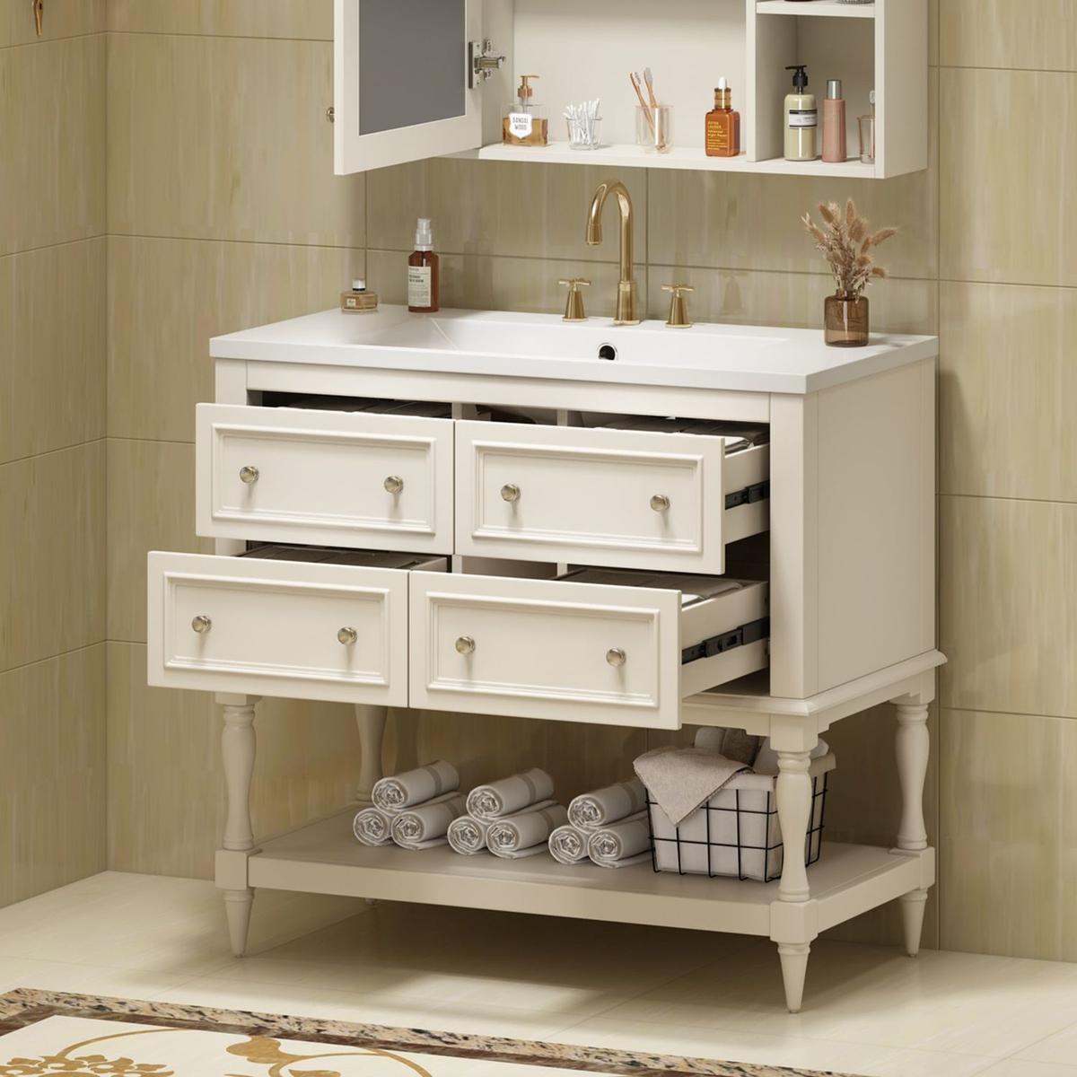 36" Bathroom Vanity Cabinet with Sink Combo Set, Undermount Resin Sink, Free Standing Vanity Set with 4 Drawers, Solid Wood Frame Bathroom Cabinet, Beige