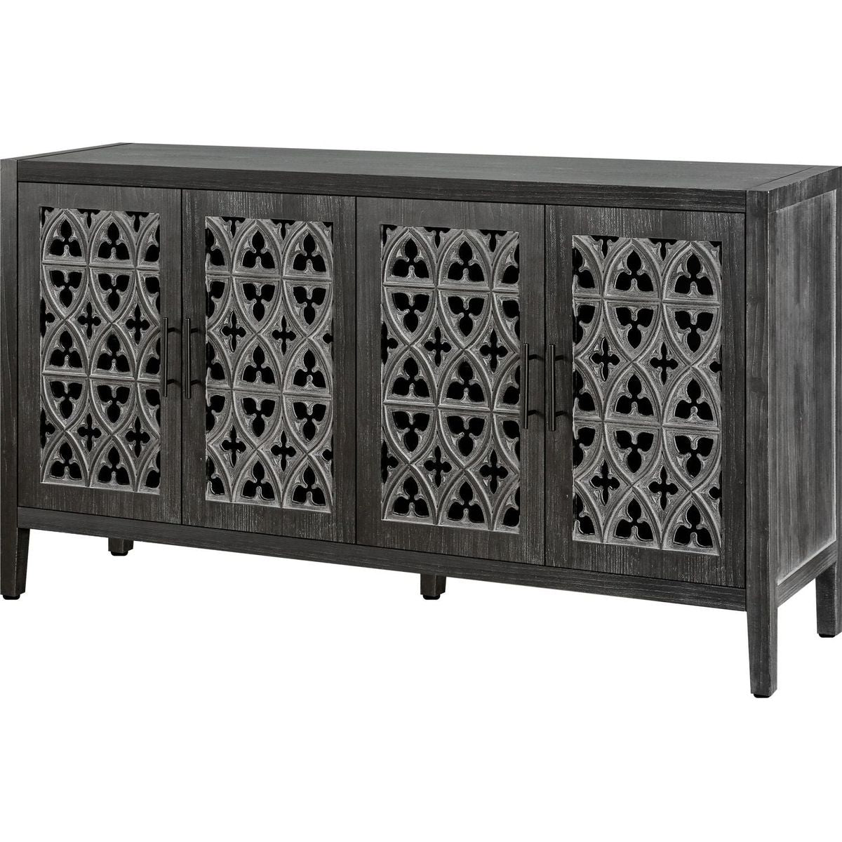 Hollow Four Door Antique Cabinet, American Country Style, Suitable for Living Room, TV Cabinet, Kitchen (Antique Black)