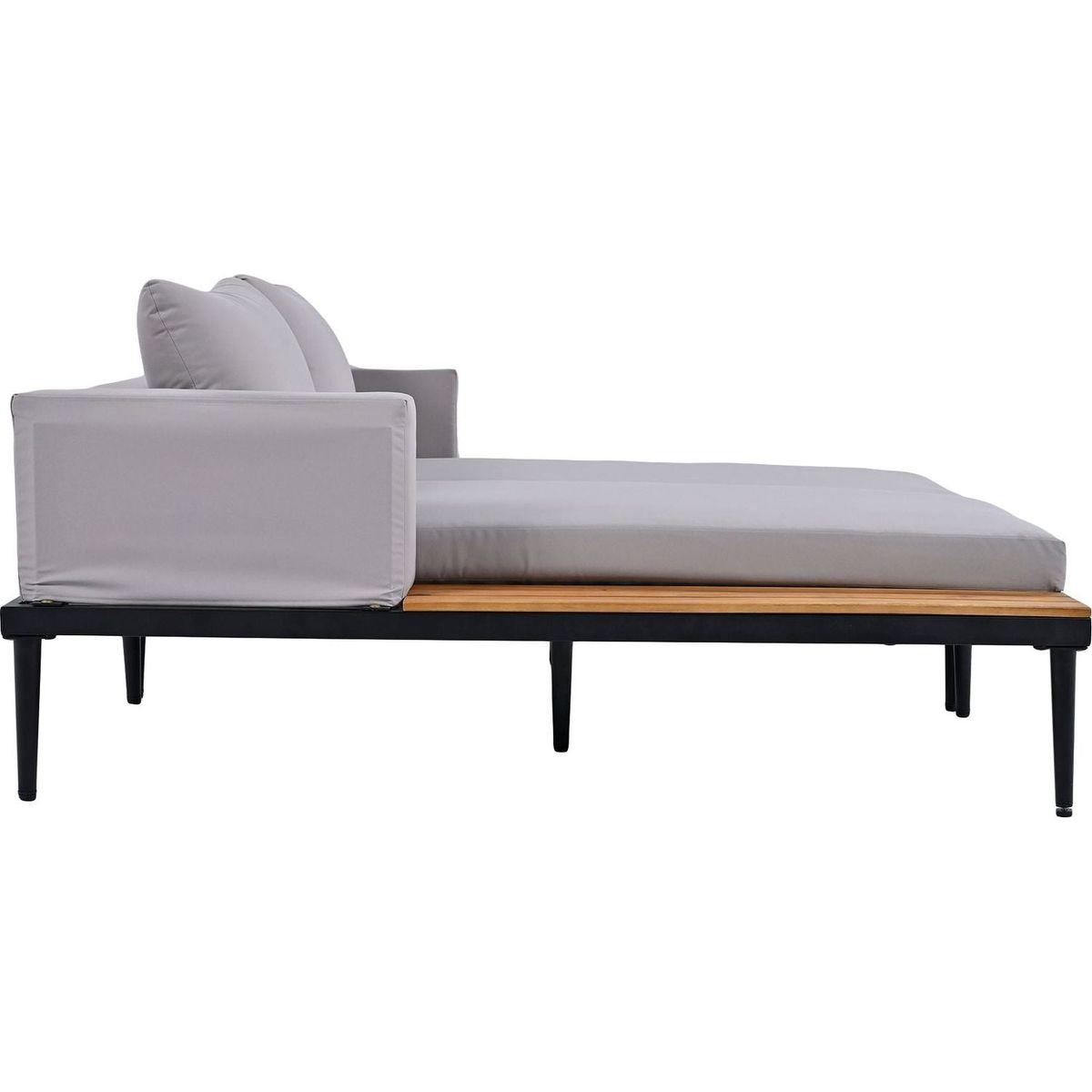 Modern Outdoor Daybed Patio Metal Daybed with Wood Topped Side Spaces for Drinks, 2 in 1 Padded Chaise Lounges for Poolside, Balcony, Deck, Gray