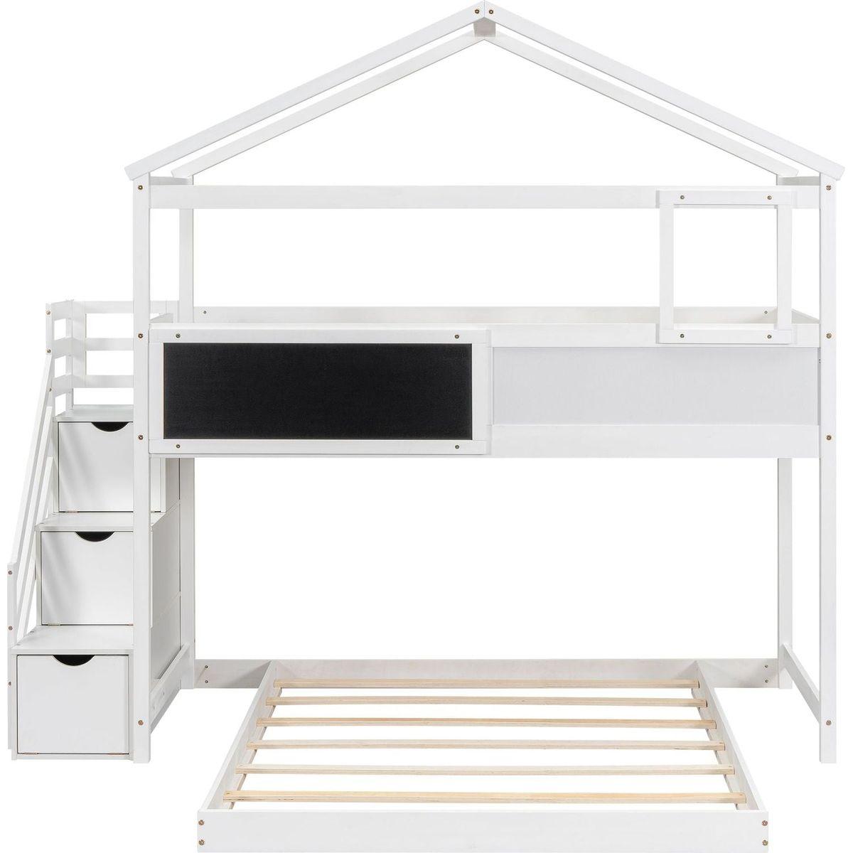 Twin over Full House Bunk Bed with Storage Staircase and Blackboard,White