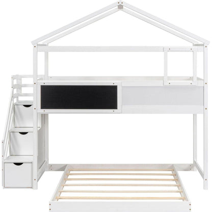 Twin over Full House Bunk Bed with Storage Staircase and Blackboard,White