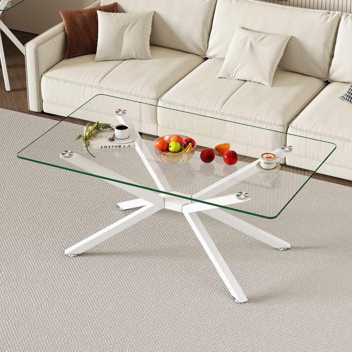 39.37' Rectangle Clear Glass Glass Coffee Table,Stylish Design with White Metal Legs, Coffee Table for Living Room