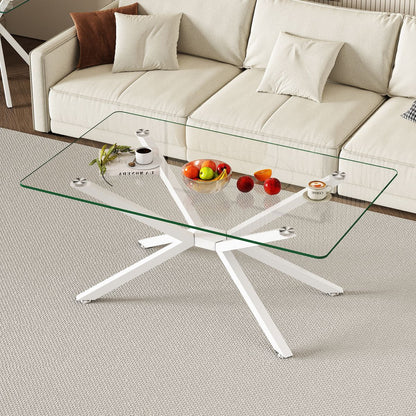 39.37' Rectangle Clear Glass Glass Coffee Table,Stylish Design with White Metal Legs, Coffee Table for Living Room