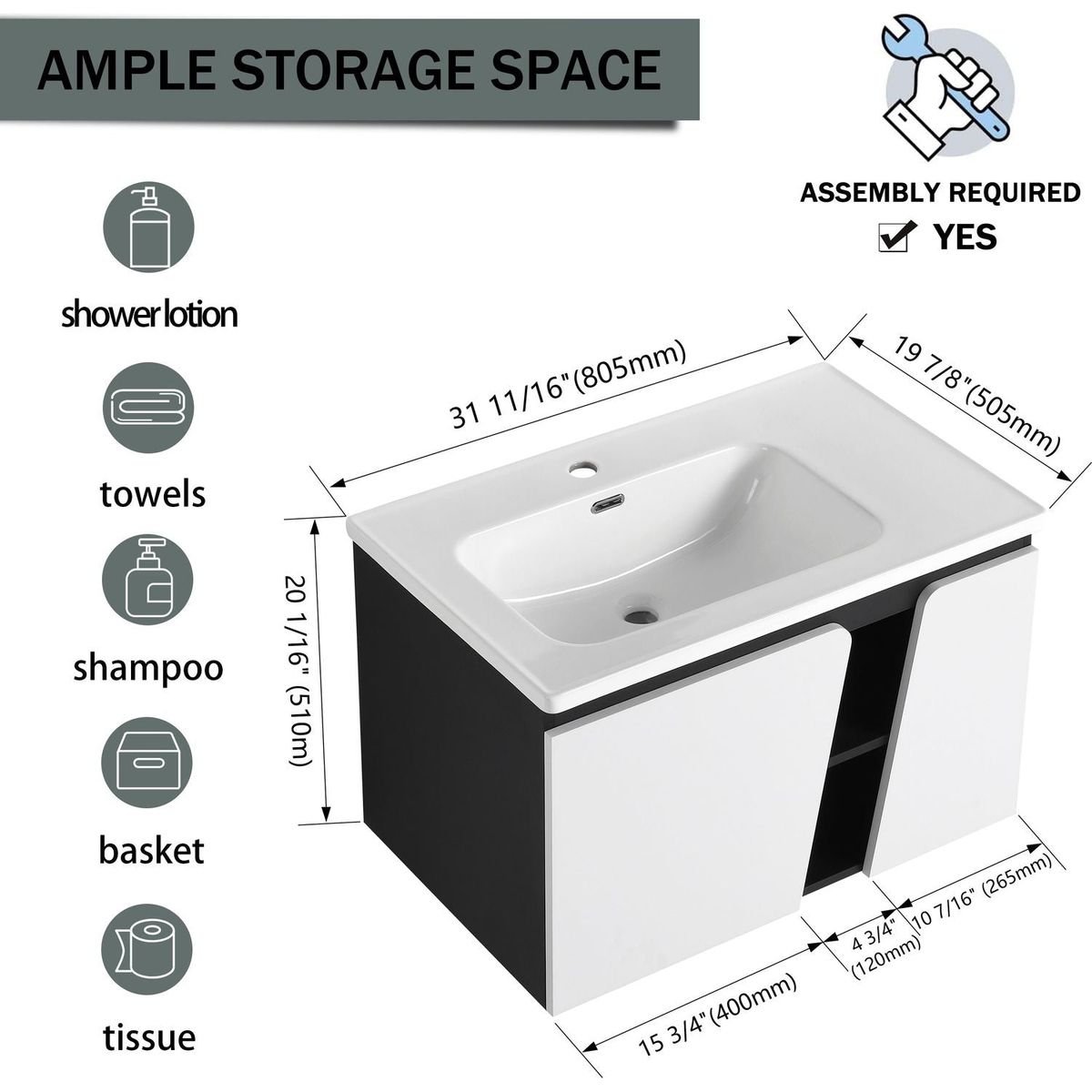 32' Floating Wall-Mounted Bathroom Vanity With Single Sink,& Soft-Close Cabinet Door