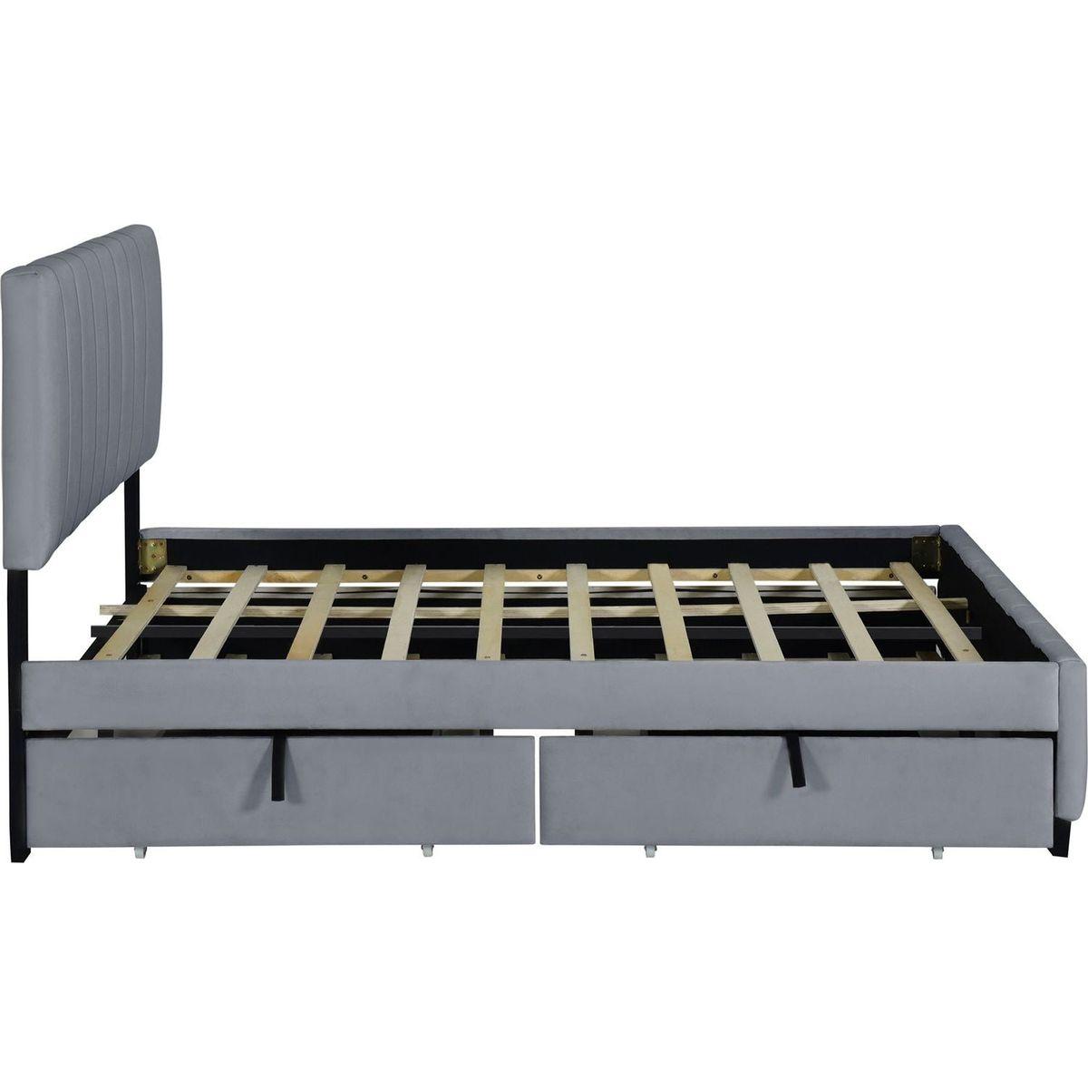 Queen Size Velvet Upholstered Platform Bed with 2 Drawers and 1 Twin XL Trundle- Gray - Streamdale Furniture