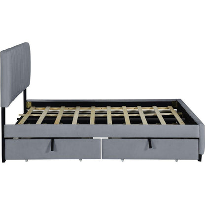 Queen Size Velvet Upholstered Platform Bed with 2 Drawers and 1 Twin XL Trundle- Gray - Streamdale Furniture