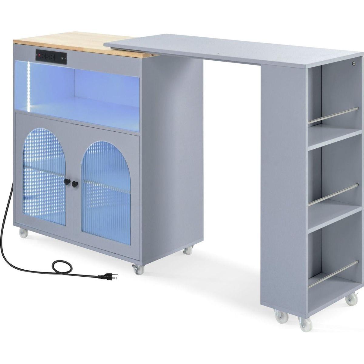 Rolling Kitchen Island With Movable Extended Table, Kitchen Cabinet on Wheels with Power Outlets and 2 Fluted Glass Doors, Kitchen Island with a Storage Compartment and Side 3 Open Shelves, Grey