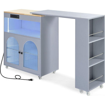 Rolling Kitchen Island With Movable Extended Table, Kitchen Cabinet on Wheels with Power Outlets and 2 Fluted Glass Doors, Kitchen Island with a Storage Compartment and Side 3 Open Shelves, Grey