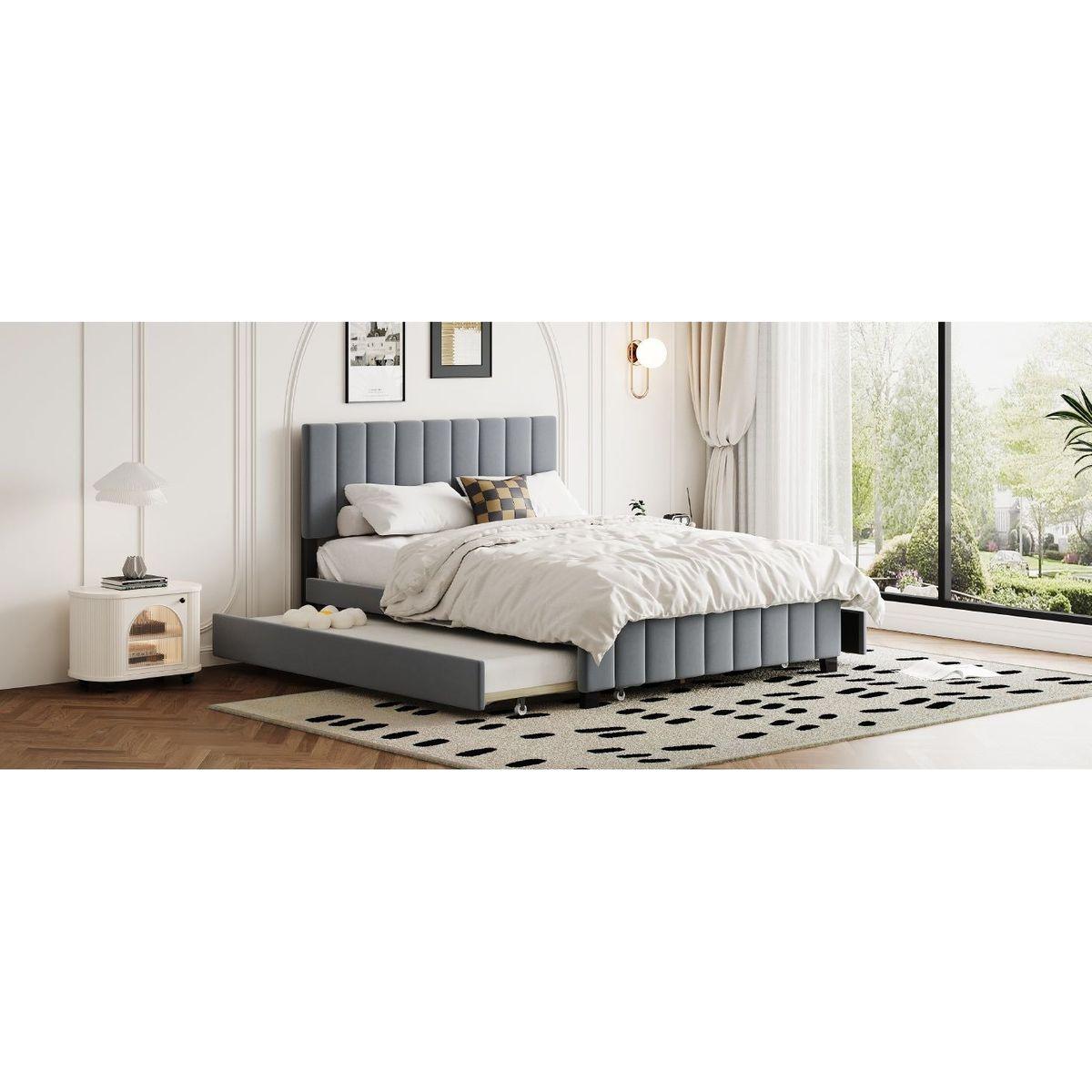 Queen Size Velvet Upholstered Platform Bed with 2 Drawers and 1 Twin XL Trundle- Gray - Streamdale Furniture