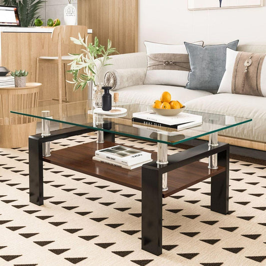 Rectangle Coffee Table, Tempered Glass Tabletop with MDF Layer, Modern Table for Living Room, Transparent Glass
