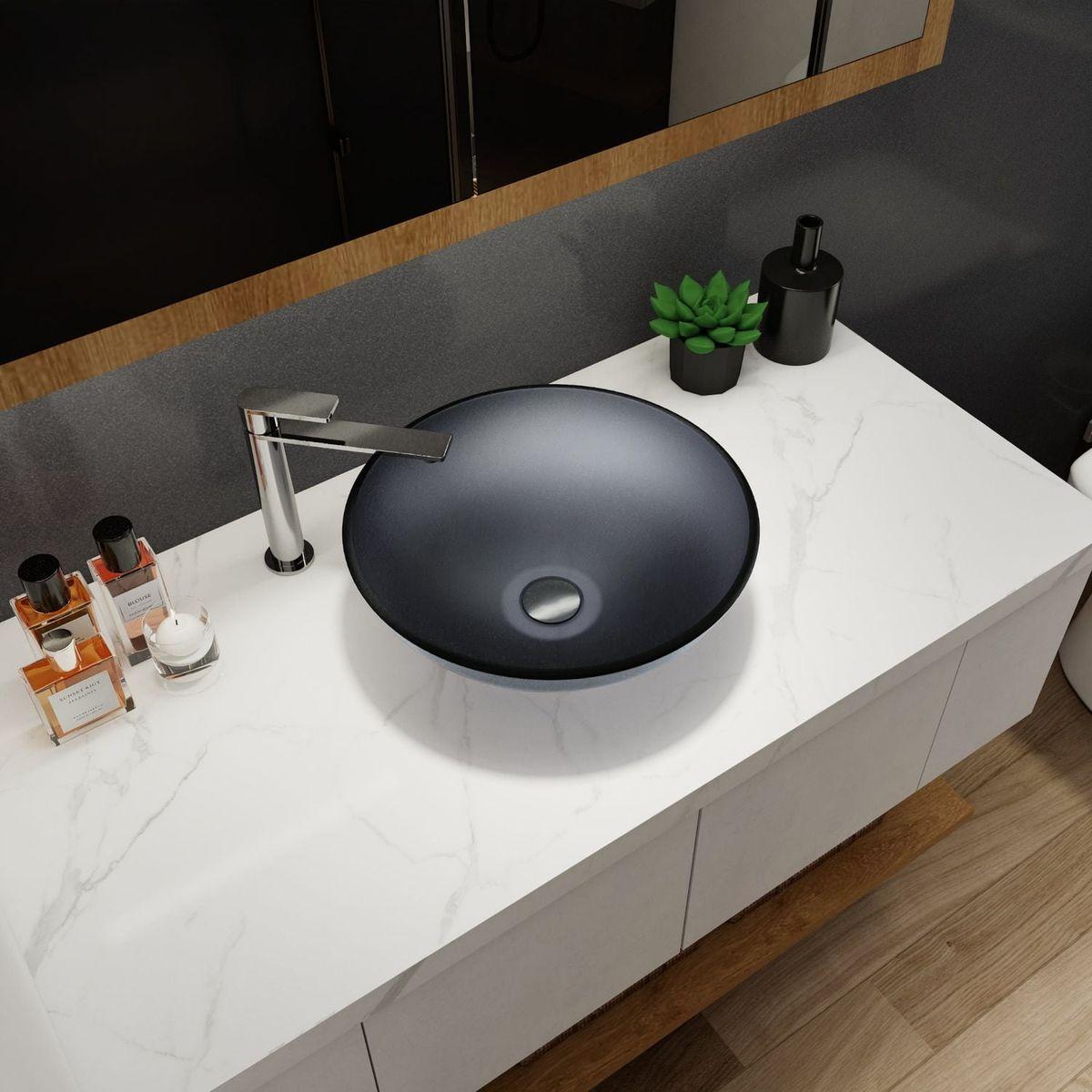 Tempered Glass Matte Bathroom Vessel Sink, Round Bathroom Basin (Tempered Glass Matt Gray)