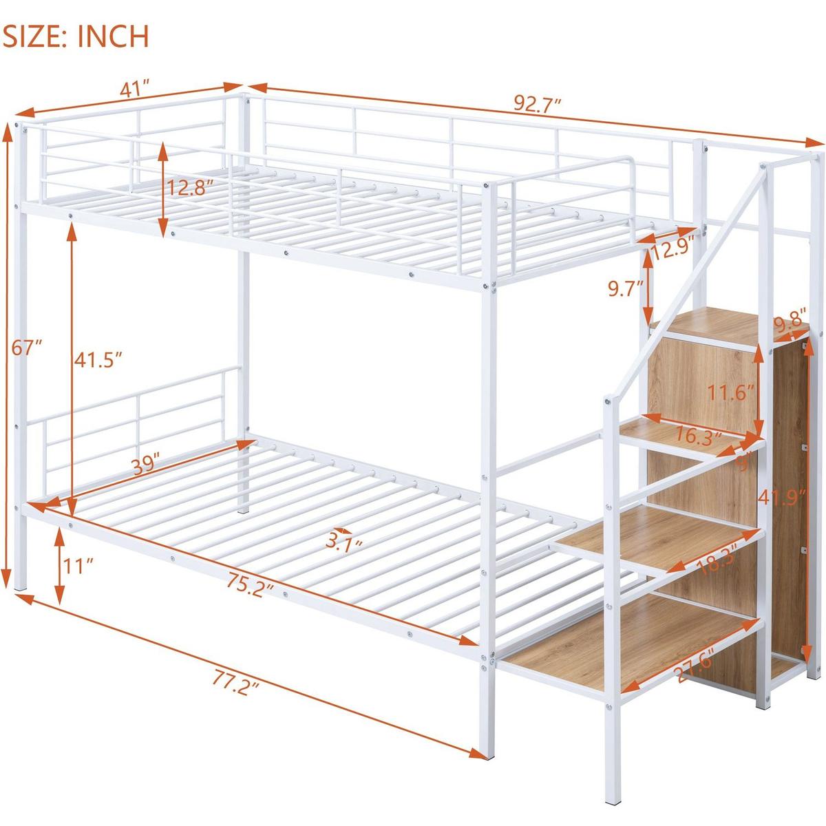 Twin Over Twin Metal Bunk Bed with Lateral Storage Ladder and Wardrobe, White