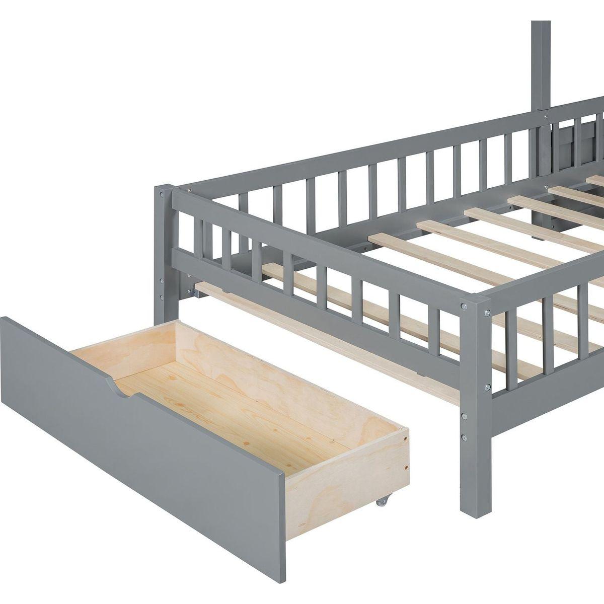 Twin Size House Bed with Upholstered Sofa, House Bed with Charging Station, Wireless Charging, Shelves and Two Drawers, Gray