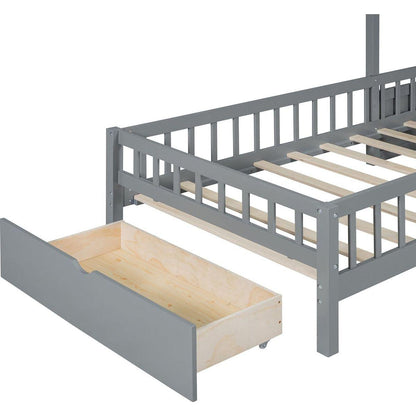 Twin Size House Bed with Upholstered Sofa, House Bed with Charging Station, Wireless Charging, Shelves and Two Drawers, Gray