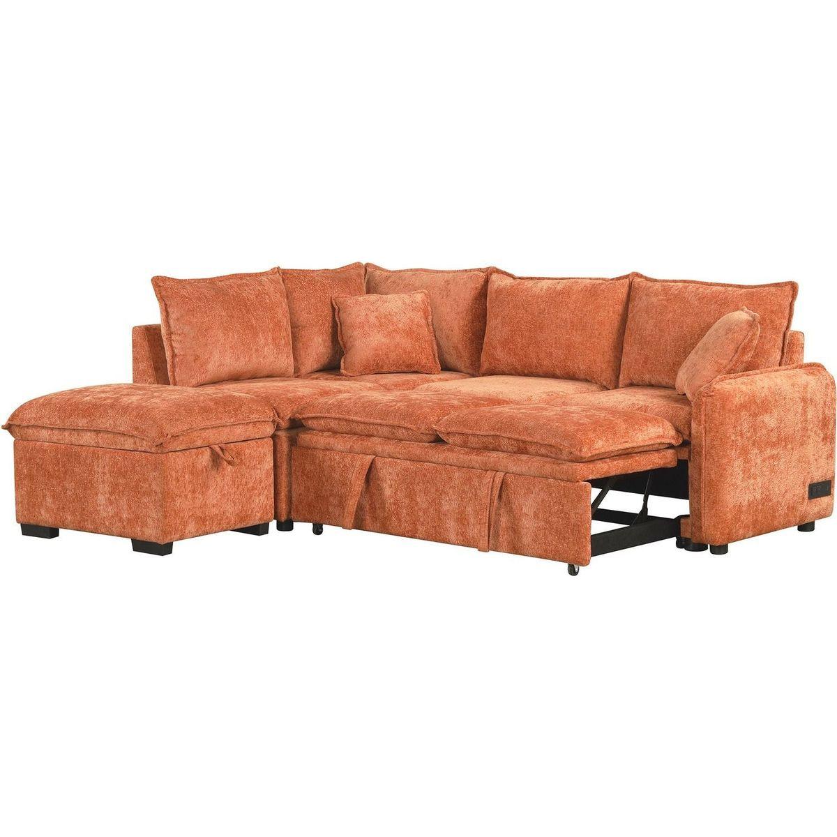 82.67"Convertible Sofa Bed Sectional Sofa Sleeper L-shaped Sofa with a Storage Ottoman,Two Pillows, Two Power Sockets and Two USB Ports for Living Room, Orange