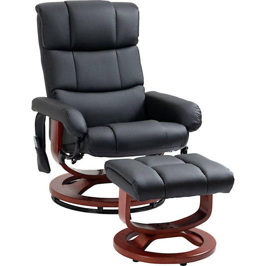 Massage Recliner Chair with Ottoman, Swivel Recliner and Footrest, Faux Leather Reclining Chair with Remote Control, 10 Vibration Points and Side Pocket, Black