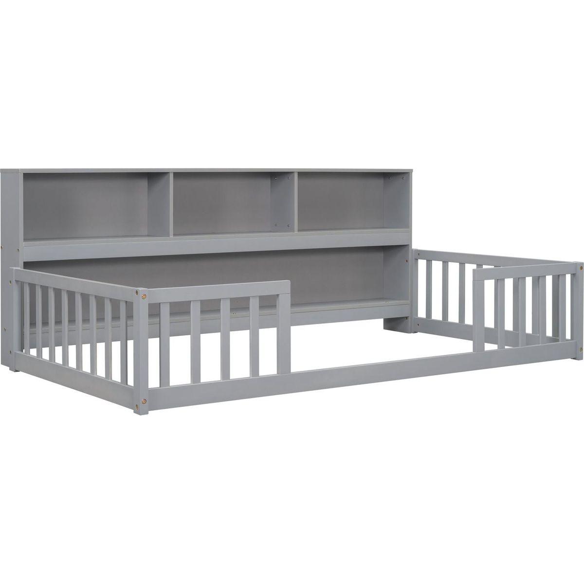 Twin Floor Bed with Bedside Bookcase,Shelves,Guardrails,Grey
