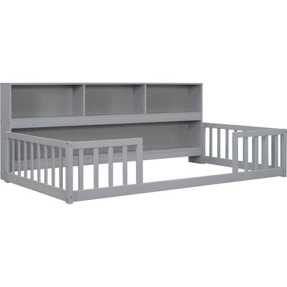 Twin Floor Bed with Bedside Bookcase,Shelves,Guardrails,Grey