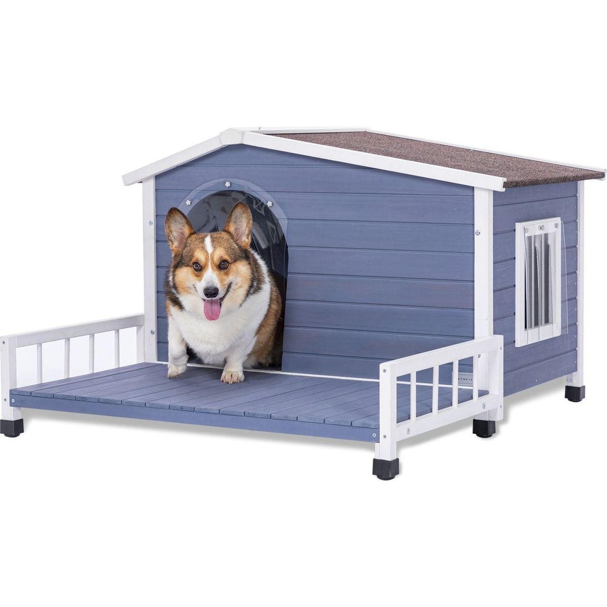 Large Wooden Dog House Indoor Outdoor with Terrace and Open Waterproof Asphalt Roof, Outdoor Dog House with Raised Floor, Windows and Door Curtains, Suitable for Small and Medium Dogs