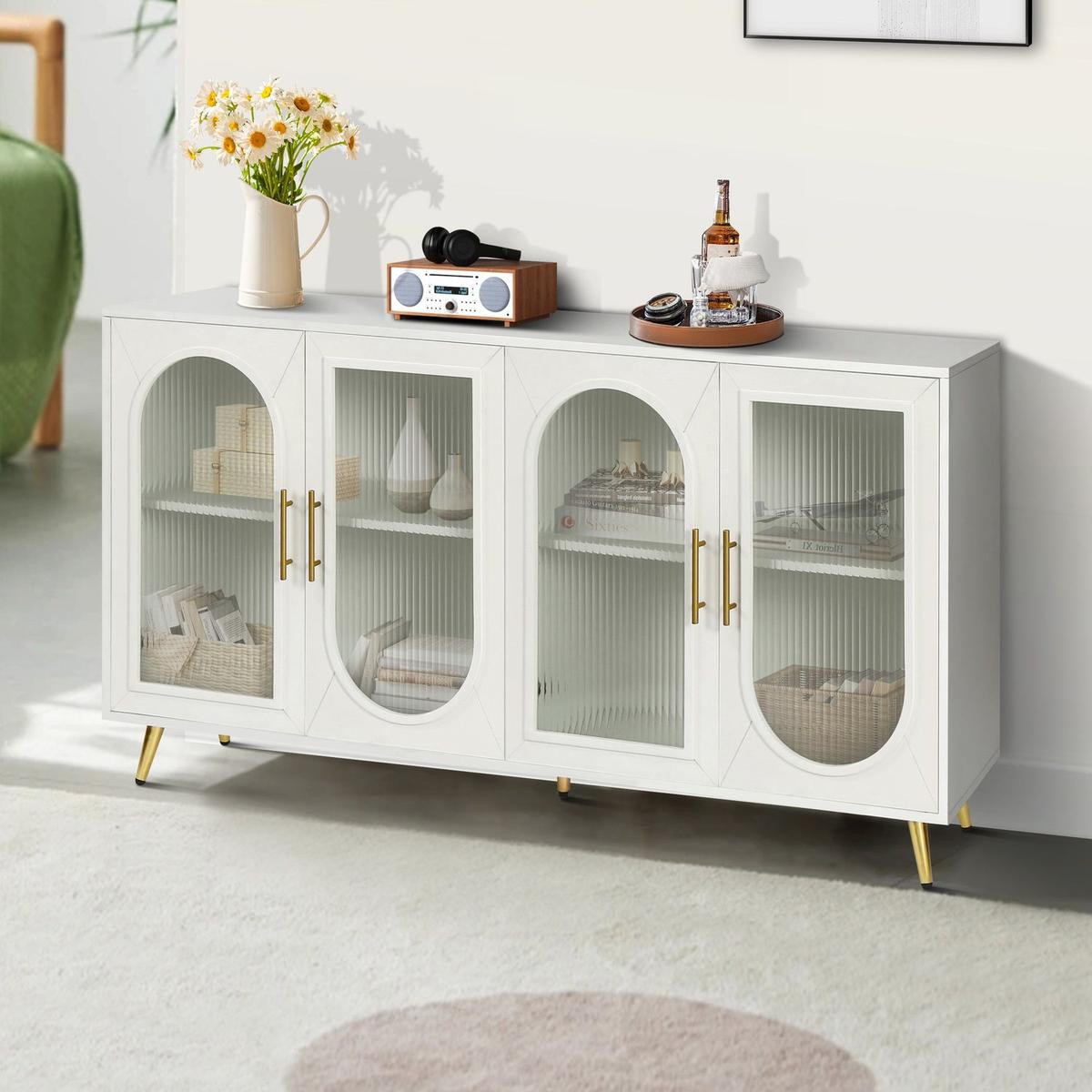 TV Stand for 65+ Inch TV, Wood TV Stand with Storage Cabinet & Adjustable Shelves, Media TV Console for Living Room Bedroom(White)