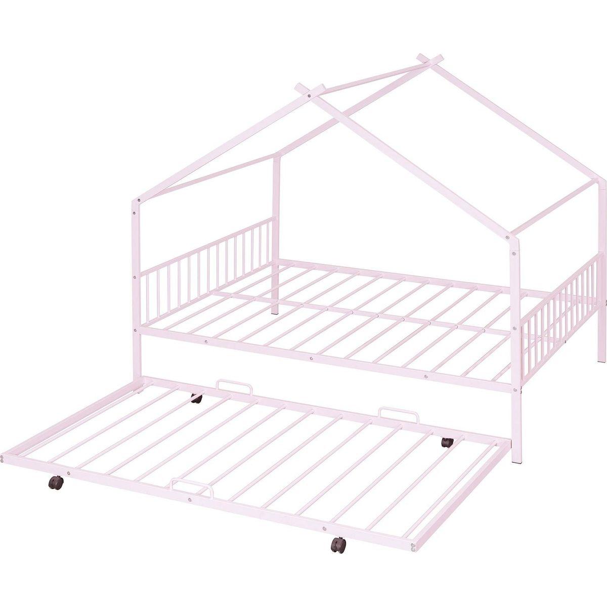 Full Size Metal House Bed with Twin Size Trundle, Pink