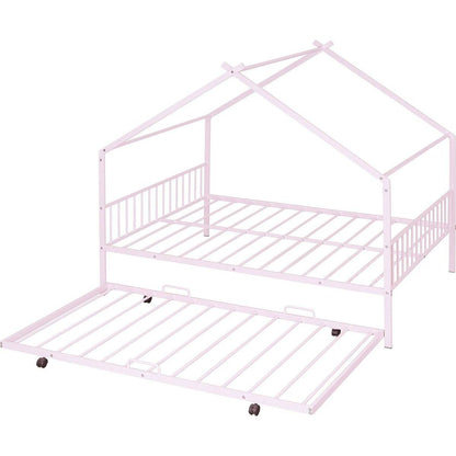 Full Size Metal House Bed with Twin Size Trundle, Pink