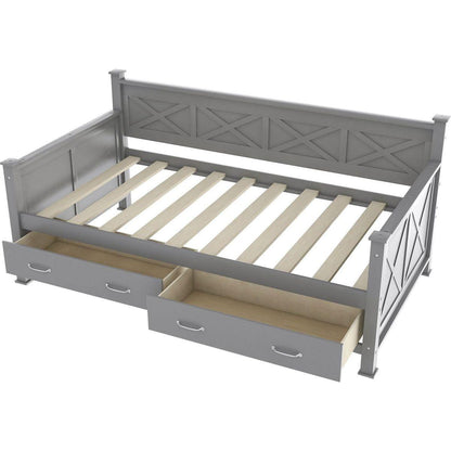 Twin Size Daybed with 2 Large Drawers, X-shaped Frame, Modern and Rustic Casual Style Daybed, Gray