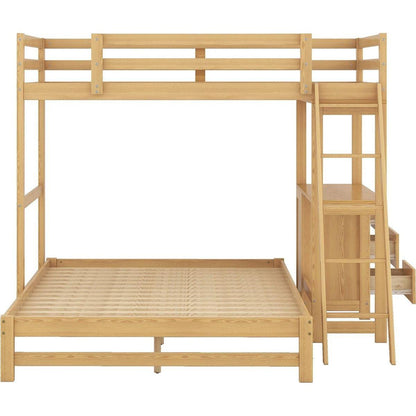 Twin over Full Bunk Bed with Built-in Desk and Three Drawers,Natural