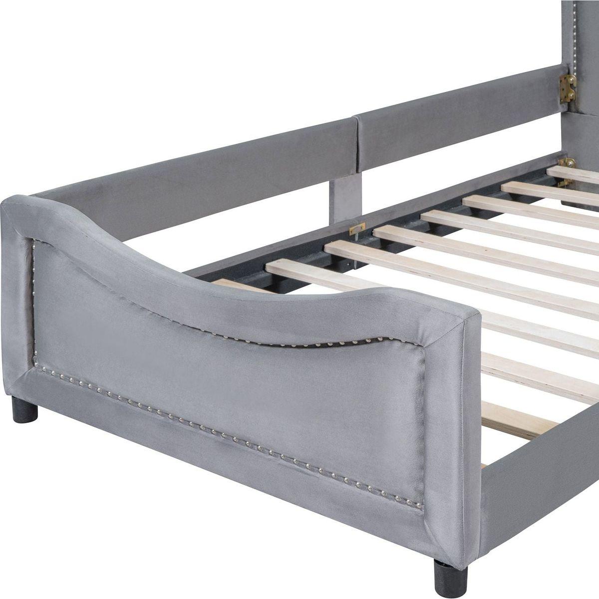 Twin Size Upholstered Daybed with Classic Stripe Shaped Headboard, Gray