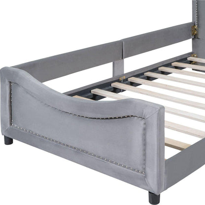 Twin Size Upholstered Daybed with Classic Stripe Shaped Headboard, Gray