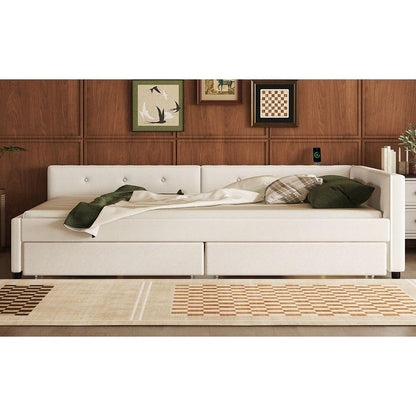 Queen Size Upholstered Platform Bed with USB and 2 Drawers, Beige