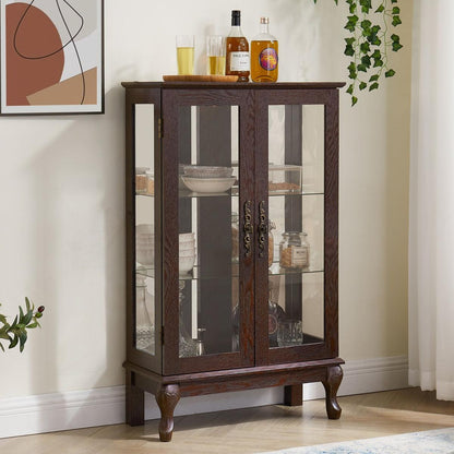 2 Doors Curio Cabinet with Tempered Glass Doors, Curio Cabinets with Mirrored Back Panel and Adjustable Shelves, Lighted Display Cabinet for Home, Office Light Bulb Included Cherry
