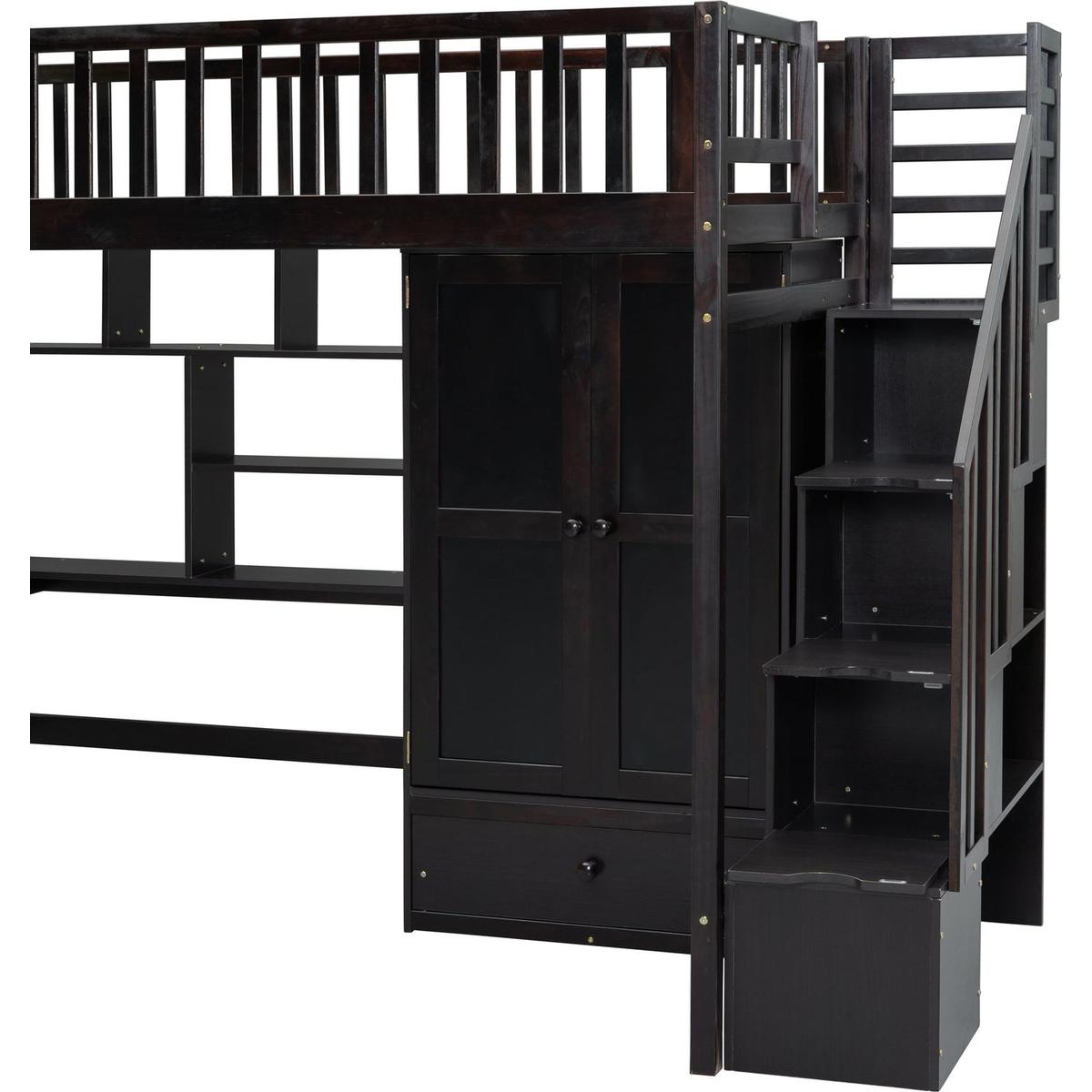 Twin size Loft Bed with Bookshelf,Drawers,Desk,and Wardrobe-Espresso