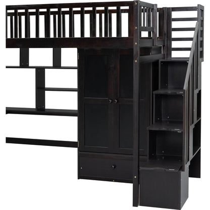 Twin size Loft Bed with Bookshelf,Drawers,Desk,and Wardrobe-Espresso