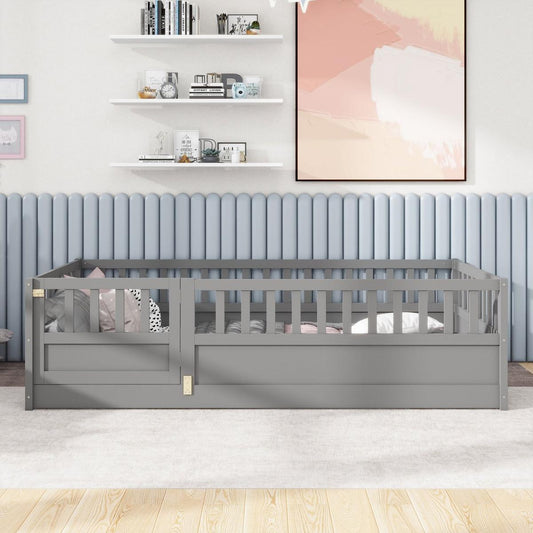 Twin Size Floor bed, integral construction with super high security barrier, door, children's floor bed frame, Montessori wooden children's floor bed, Grey