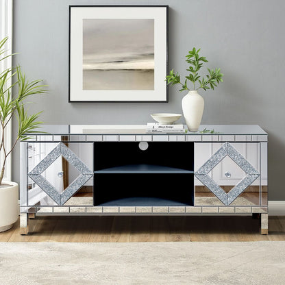 47 Inch Mirror TV Media Console with Diamond Glass Doors, Dual Door Design and Open Storage Space, Compatible with 50-Inch TVs&Modern Decor for Living Room & Bedroom