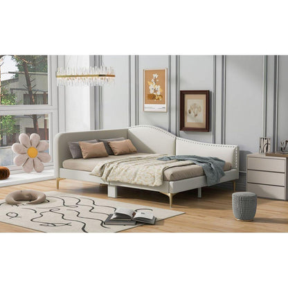 Full Size Upholstered Daybed with Headboard and Armrest, Support Legs, Beige