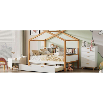 White Twin Size Wooden House Bed with Original Wood Colored Frame Twin Size Trundle and Bookshelf Storage Space for Children or Guest Room
