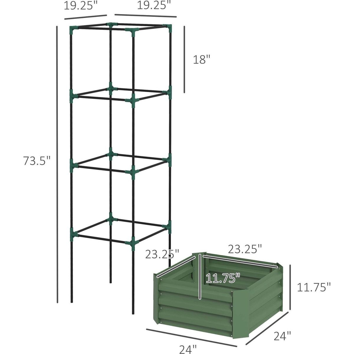 Galvanized Raised Garden Bed, 24" x 24" x 11.75" Outdoor Planter Box with Trellis Tomato Cage and Open Bottom for Climbing Vines, Vegetables, Flowers in Backyard, Garden, Patio, Green