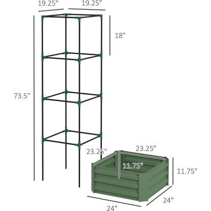Galvanized Raised Garden Bed, 24" x 24" x 11.75" Outdoor Planter Box with Trellis Tomato Cage and Open Bottom for Climbing Vines, Vegetables, Flowers in Backyard, Garden, Patio, Green